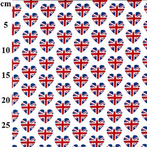 May include: White fabric with a repeating pattern of heart shapes. Each heart features the Union Jack flag design in red, white, and blue. The pattern is evenly spaced across the fabric.