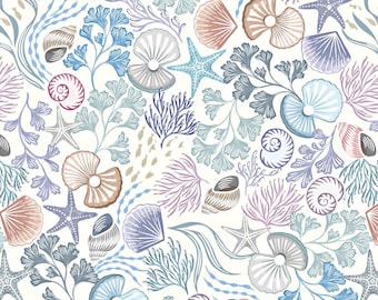 Ocean Themed Cotton Fabric by Lewis & Irene,  Shells and Pearls on Cream with Pearl, Quilting Sewing Craft Material