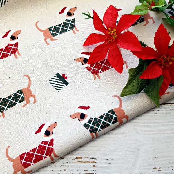 Christmas Sausage Dog Fabric, Festive Fabric, 100% Cotton, Quilting Fabric, Festive Dachshund Present Print by Fat Quarter/Half Metre/Metre