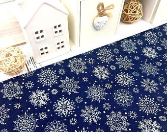 Marinblått snöflingor jultyg, 100% bomull, quiltning sömnadshantverk 140 cm brett material