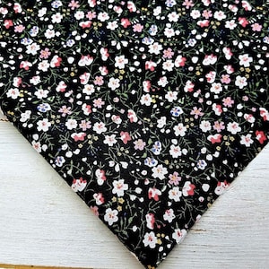 Floral Fabric, Polycotton Fabric, Flower Fabric, Small Print Fabric, Floral Print Material, Small Flowers Print on Black by the Half Metre