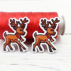 Christmas Buttons, Deer Buttons, Wooden Button, Wooden Embellishments, Painted Wood Buttons, Christmas Wooden Shape, Animal Button, Set of 6