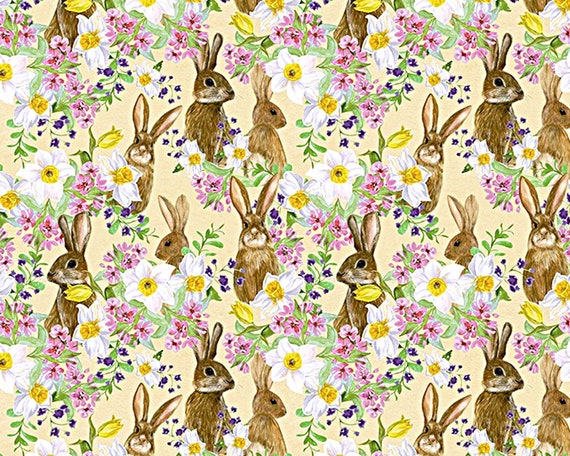 Bunny Fabric, Floral Rabbit Fabric, 100% Cotton, Quilting Sewing Craft Fabric, 150 cm Width Material by Fat Quarter/Half Metre/Metre