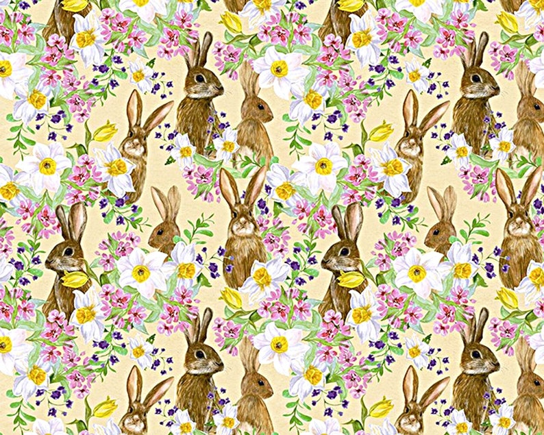 May include: A seamless pattern featuring brown rabbits and white and pink flowers on a light yellow background.