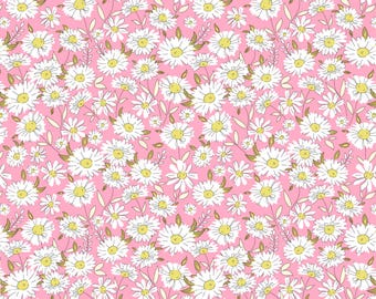 Daisy Floral Fabric, 100% Organic Cotton, Flowers on Pink Print, Quilting Sewing Craft Material by Fat Quarter/Half Metre/Metre