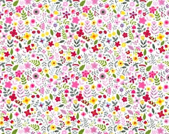 Spring Floral Fabric, 100% Cotton Poplin, Small Flowers Tiny Leaves Summer Print, Quilt Sewing Craft Fabric by Fat Quarter/Half Metre/Metre