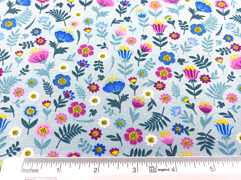 Floral Bunny Jersey Fabric, 150 cm Wide T-shirt Dressmaking Fabric, Children Clothes Material, Jade Lilac Blue Stretchy Fabric by Half Metre image 9