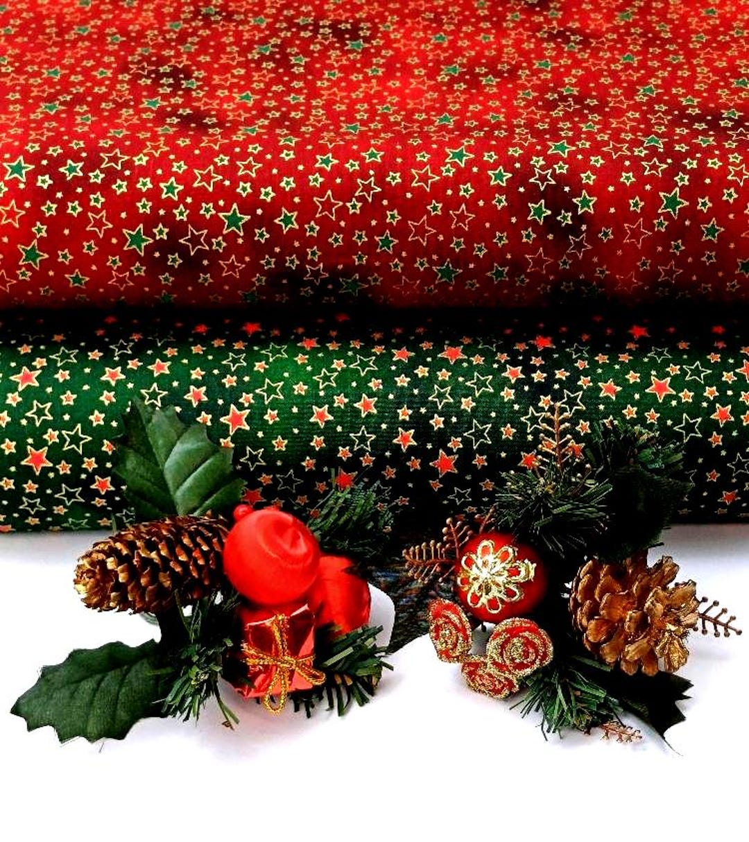 Christmas Stars Metallic Gold Fabric, 100 Cotton, Quilt Sewing Craft