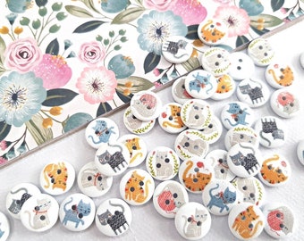 Cats Wooden Buttons, Baby Buttons, Wooden Embellishments, Kids Buttons, 15 mm Two Hole Buttons, Sewing Crochet Knitting Buttons, Pack of 10
