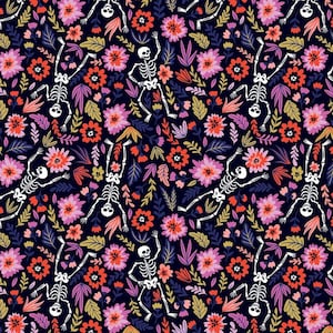 Floral Skeleton Fabric, 100% Cotton, Halloween Fabric, Quilting Fabric, 140 cm Width Skeleton Cotton Print by Fat Quarter/Half Metre/Metre