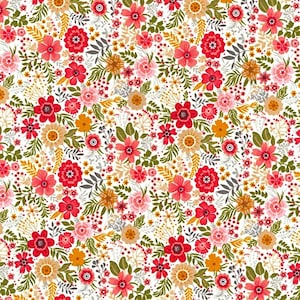 Flower Fabric, 100% Cotton Poplin, Small Ditsy Floral Print on Ivory, Dressmaking Quilt Sewing Craft Material