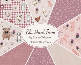Blackbird Farm Cotton Fabric, Highland Cow Floral Farm Animals Material by Fat Quarter/Half Metre/Metre