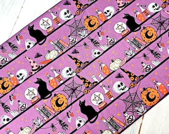 ハロウィン生地、100%コットン、呪文魔法のスカル黒猫プリント、キルティング縫製クラフト不気味な素材、ファットクォーター/ハーフメートル/メートル