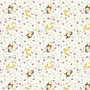 Op de afbeelding: Een herhalend patroon met aquarel illustraties van gele kuikens, bruine kuikens, roze strikken en groene bladeren op een witte achtergrond. De tekst "3634 - 04 Little Chicks" staat onderaan.