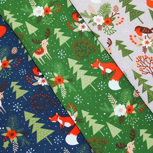 Christmas Forest Jersey Fabric, 150 cm Wide T-shirt Dressmaking Fabric, Children Clothes Green Silver Navy Stretchy Fabric by Half Metre