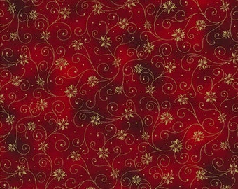 Kerst Poinsettia Swirls bloemenstof op rood, 100% katoen, metallic goud quilten naaien ambachtelijk materiaal door Fat Quarter/halve meter/meter