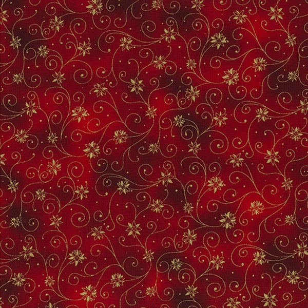 Christmas Poinsettia Swirls Floral Fabric on Red, 100% Cotton, Metallic Gold Quilting Sewing Craft Material by Fat Quarter/Half Metre/Metre