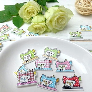 Sewing Machine Buttons, Wooden Buttons, Sewing Themed Two Hole Buttons, Sew Print Buttons, Painted Wood Buttons, Sewing Buttons, Pack of 10