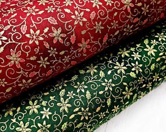 Kerstbloemen Hulst metallic gouden stof op rood/groen, 100% katoen, feestelijk quiltnaaimateriaal, ambachtelijk materiaal per fat Quarter/halve meter/meter
