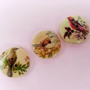 Bird Buttons, Wooden Buttons, Wooden Embellishments, Natural Wood Buttons, Round Buttons, 20 mm Buttons, Painted Wood Buttons, Pack of 10 image 6