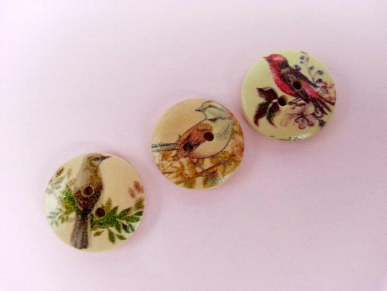 Bird Buttons, Wooden Buttons, Wooden Embellishments, Natural Wood Buttons, Round Buttons, 20 mm Buttons, Painted Wood Buttons, Pack of 10 image 6