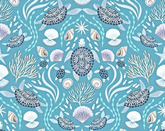 Ocean Themed Cotton Fabric by Lewis & Irene, Sea Turtle Family on a Blue with Pearl, Quilting Sewing Craft Material