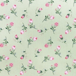 Rose Bud Fabric, 100% Cotton Poplin, Small Flowers Floral Print on Green, Quilting Sewing and Craft Fabric by Fat Quarter/Half Metre/Metre