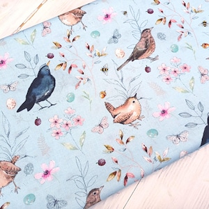 Birds Fabric, 100% Premium Cotton Fabric, Floral Garden Birds Print on Blue, Quilting Sewing Craft Material by Fat Quarter/Half Metre/Metre
