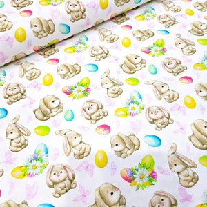 Easter Bunny Fabric, 100% Cotton, Cute Bunny Easter Eggs Butterfly Floral Print, 140cm Wide Quilting Fabric by Fat Quarter/Half Metre/Metre