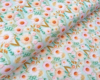 Daisy Cotton Fabric, 3D Summer Floral Meadow Flowers Print on Green, Quilting Sewing Craft Material by Fat Quarter/Half Metre/Metre