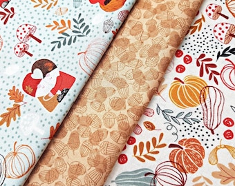 Autumn Fabric, 100% Premium Cotton Fabric Lewis & Irene, Harvest Pumpkin Mushroom Acorns Cute Gnomes Print, Quilting Sewing Craft Material