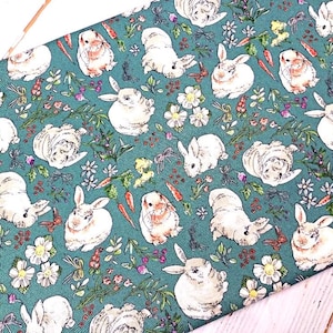 Bunny Fabric, 100% Cotton, Rabbit Carrot Floral Flowers Print, Easter Material, Quilting Sewing Craft Fabric by Fat Quarter/Half Metre/Metre