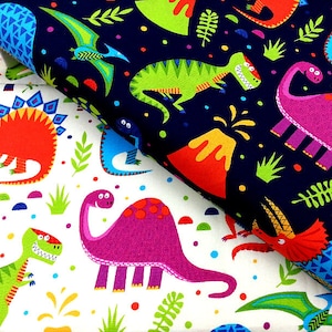 Cute Dinosaur Fabric, 100% Cotton, Kids Fabric, Animal Print on Cream Navy, Quilting Sewing Craft Fabric by Fat Quarter/Half Metre/Metre