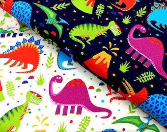 Niedlicher Dinosaurier Stoff, 100% Baumwolle, Kinderstoff, Animal Print auf Creme Marine, Quilting Nähen Bastelstoff von Fat Quarter/Halbe Meter/Meter