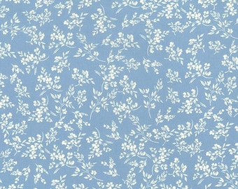 Tela vintage de ramitas florales, popelina 100 % algodón, con estampado de pequeñas flores en azul, para acolchado, costura y manualidades, en cuartos de metro/medio metro.
