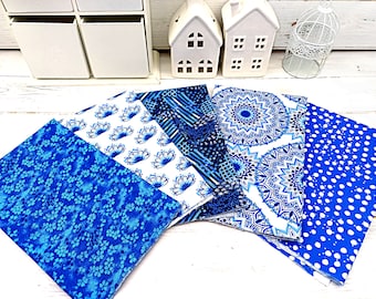 Blue Fat Quarter Bundle, 100% Cotton, Blue White Fat Quarters, Quilt Patchwork Sewing Craft Fabric, Bohemian Vintage Cotton Print, Set of 5