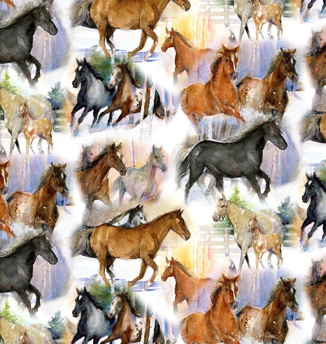 Horse Fabric, 100 Cotton, Galloping Horses Cotton Print, Animal