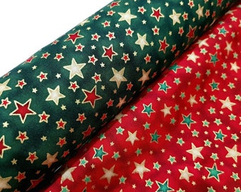 Christmas Fabric, 100% Cotton, Quilting Fabric, Festive Gold Stars Fabric on Red/Green, 140 cm Width Fabric by Fat Quarter/Half Metre/Metre