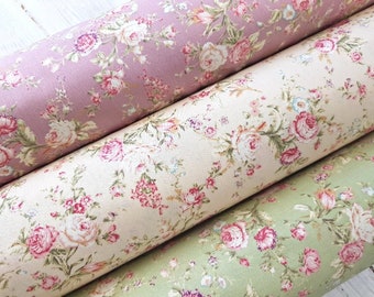 Vintage Rose Fabric, 100% Cotton Poplin, Small Flowers Pink Roses Floral Print, Quilting Sewing Craft Fabric by Fat Quarter/Half Metre/Metre