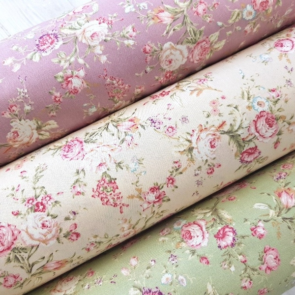 Vintage Rose Fabric, 100% Cotton Poplin, Small Flowers Pink Roses Floral Print, Quilting Sewing Craft Fabric by Fat Quarter/Half Metre/Metre