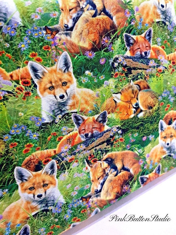 Fox Cotton Fabric, Wild Animal Woodland Nature Print, Quilting Sewing Craft Material by Fat Quarter/Half Yard/Yard