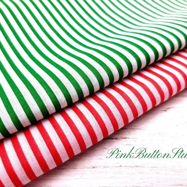 Christmas Fabric, Candy Can Stripe Red/Green Small Print, Polycotton Fabric, Sewing and Craft Fabric by the Fat Quarter/Half Metre/Metre