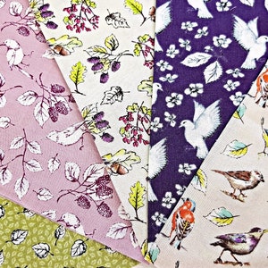 Garden Birds Fat Quarter Bundle, 100% Cotton, Quilting Fabric, Birds Cotton Print, Sewing and Craft Fabric, Birds Fat Quarters, Set of 5