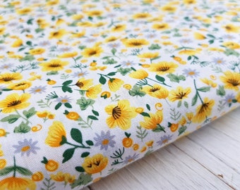 Floral Small Print Fabric, 100% Cotton, 150 cm Wide Quilting Sewing Craft Fabric, Yellow Grey Green Material by Fat Quarter/Half Metre/Metre