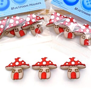 Toadstool Buttons, Mushroom Houses Buttons, Dress It Up Buttons, Woodland Buttons, Kids Buttons for Sewing/Crochet/Knitting/Craft, Pack of 3