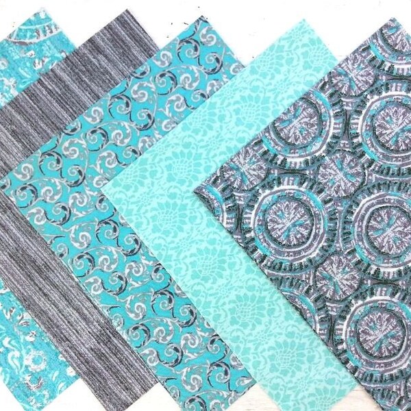 Turquoise and Grey Fat Quarter Bundle, 100% Cotton, Quilting Fabric, Craft Fabric, Cotton Fat Quarters, Quilting Material Bundle, Set of 5