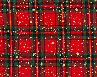 Tartan Christmas Metallic Gold Stars Fabric, 100% Cotton, Quilting Sewing Craft Fabric, Red Green Gold Festive Material