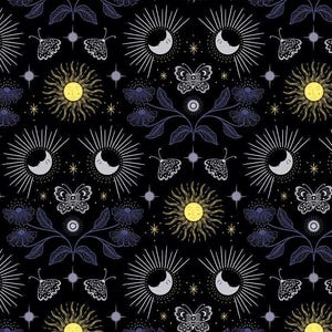 May include: A repeating pattern on a black background featuring yellow suns with faces, white crescent moons with radiating lines, white butterflies, and purple flowers with dark stems. Small gold and purple stars are scattered throughout the design.