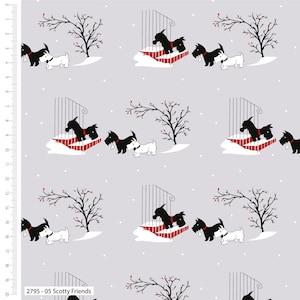 Christmas Dog Fabric, 100% Cotton, Cute Scottie Dogs Print on Grey, Quilting Fabric, Sewing and Craft Fabric by Fat Quarter/Half Metre/Metre
