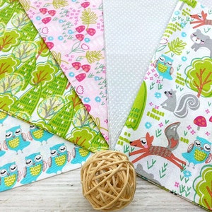 Woodland Fat Quarter Bundle, 100% Cotton, Forest Animals Print, Nursery Fabric, Quilting Fabric, Fox Owl Bear Hare Fat Quarters, Set of 5